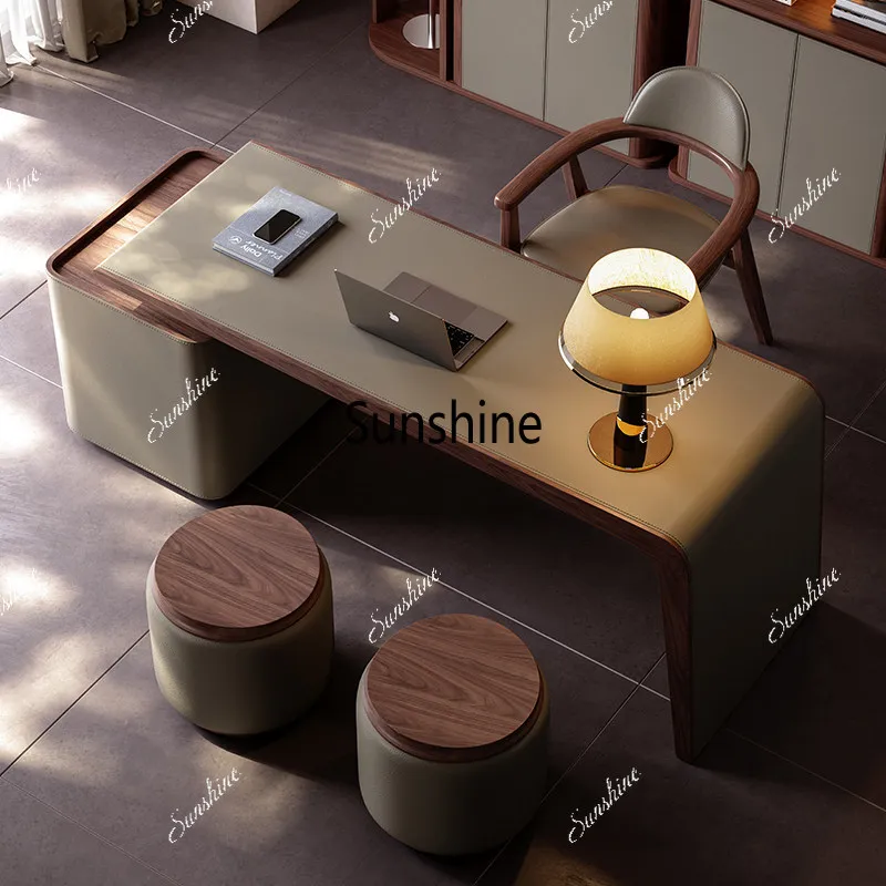 

Retro style saddle leather desk light luxury modern high-end sense home solid wood