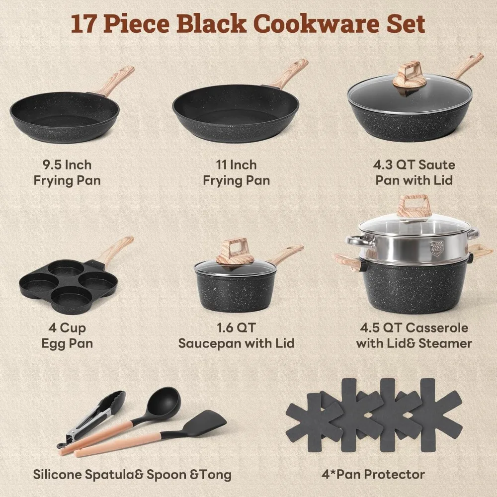 17 Pcs Pots and Pans Set Non Stick Kitchen Cookware Sets Nonstick Induction Cookware Non-toxic Black Granite Cooking Tools with