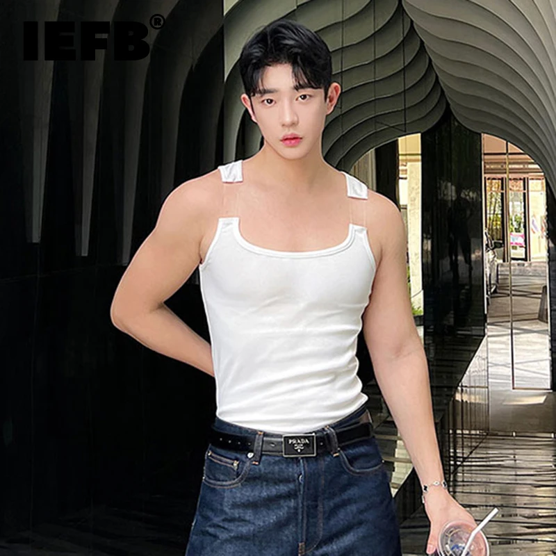 IEFB 2023 New Fashion Male Vest Patchwork Personality Sleeveless Top Men\'s Solid Color Slim T-shirt Spring Trendy 9A8204