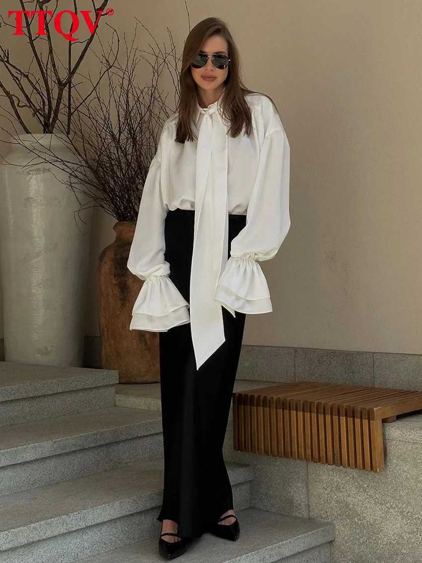 

TTQV повседневные свободные белые женские рубашки 2024, модные офисные блузки с длинными рукавами и лацканами, элегантный однотонный женский топ на шнуровке с рюшами