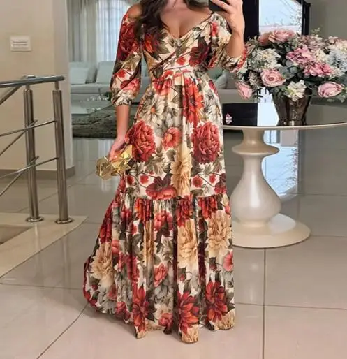 2025 Summer New Women's Fashion Elegant Printed Lace Up V-Neck Large Swing Dress