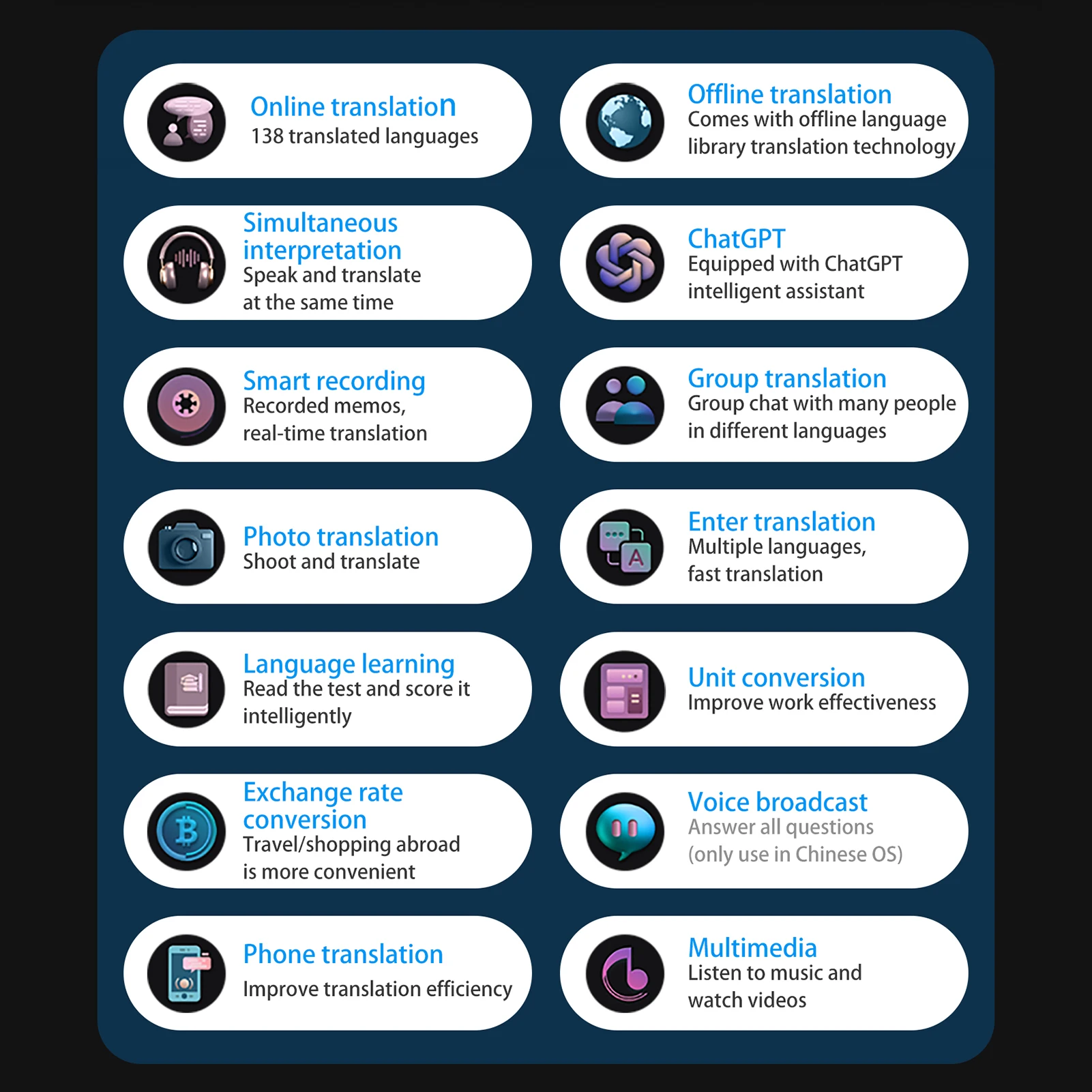 138 لغة ترجمة صوتية ترجمة غير متصل الترجمة الفورية دعم تسجيل الصوت والفيديو النص / الصورة