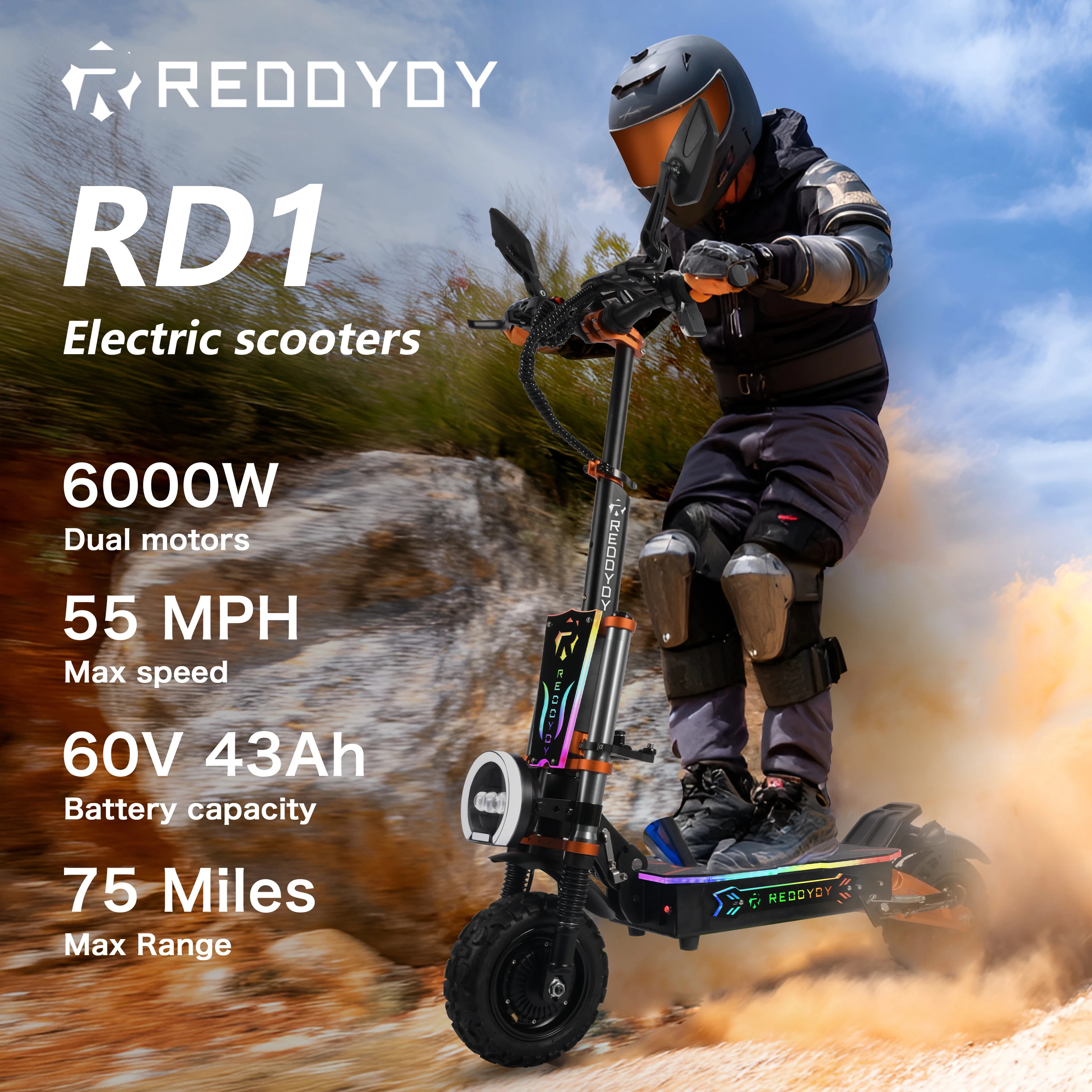 

Dual Motor Off Road Scooter for Adults - 55MPH, 75-Mile Range, 6000W Peak, 11-Inch Tires, UL2272 Certified