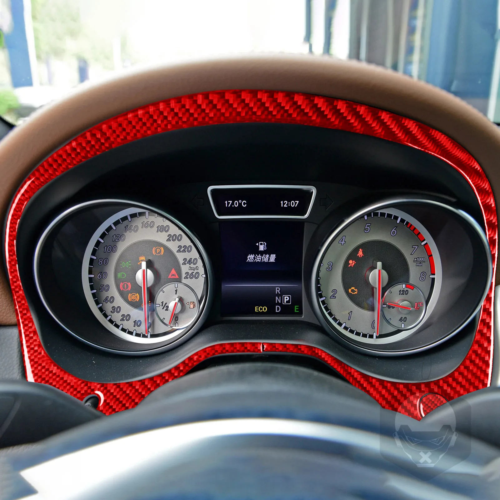 لبنز CLA C117 GLA X156 2014-2018 ألياف الكربون الحمراء مركز الملاحة راديو باب رفع لوحة اكسسوارات السيارات ملصق مزخرفة #3