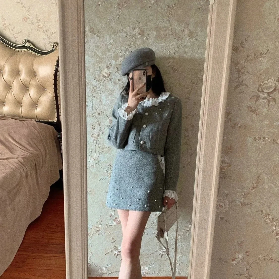 Tweed-inspired Socialite Set for Women, Youthful Chic Short Top Jacket + A-line Short Skirt, Autumn/winter Two-piece Set Trendy