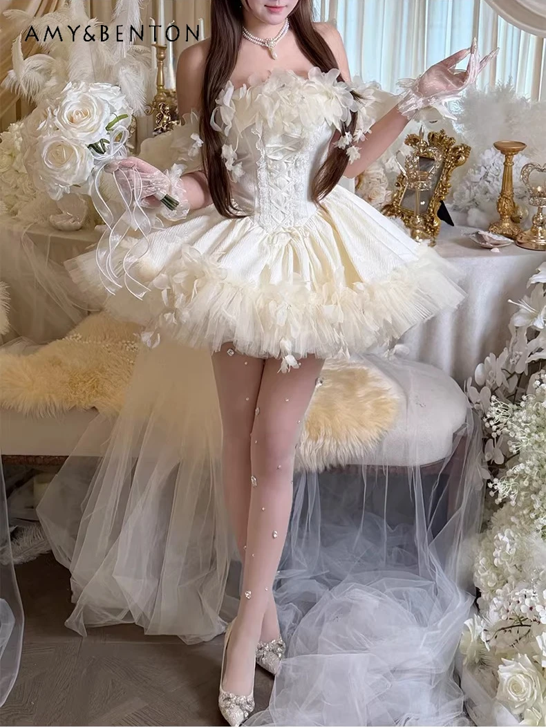 

Romantic Atmosphere Ballet Style White Birthday Dress for Women Evening Dresses Sweet Lolita Lace Off Shoulder Slim Tutu Dress