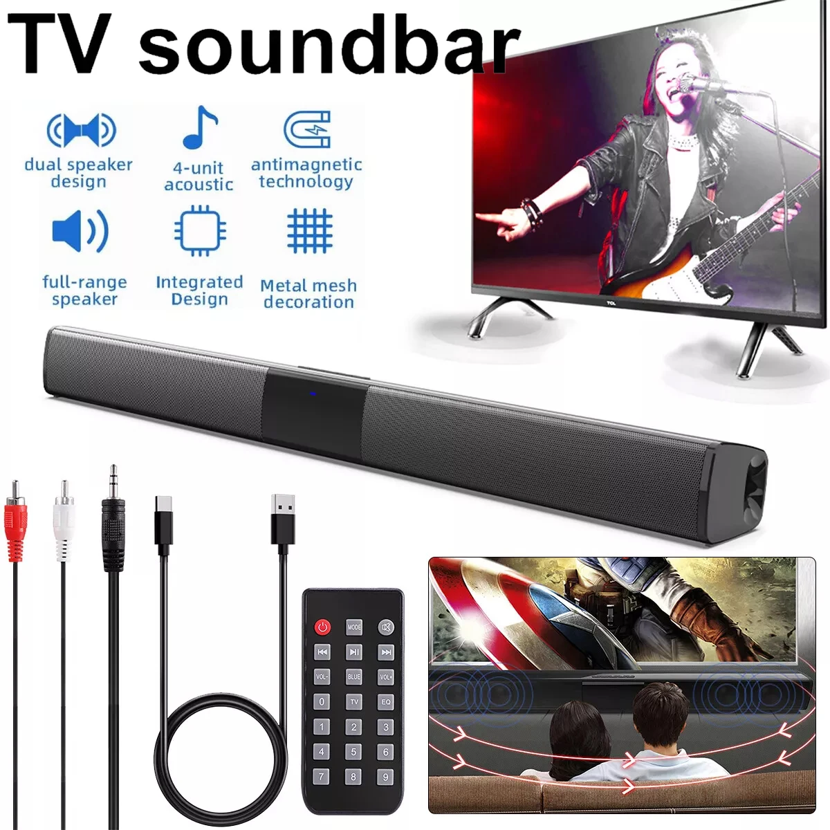 Home Theater Sound System Bluetooth Speaker For TV Soundbar Box Powerful Surround Subwoofer Stereo AUX FM Radio Music Sound Bar