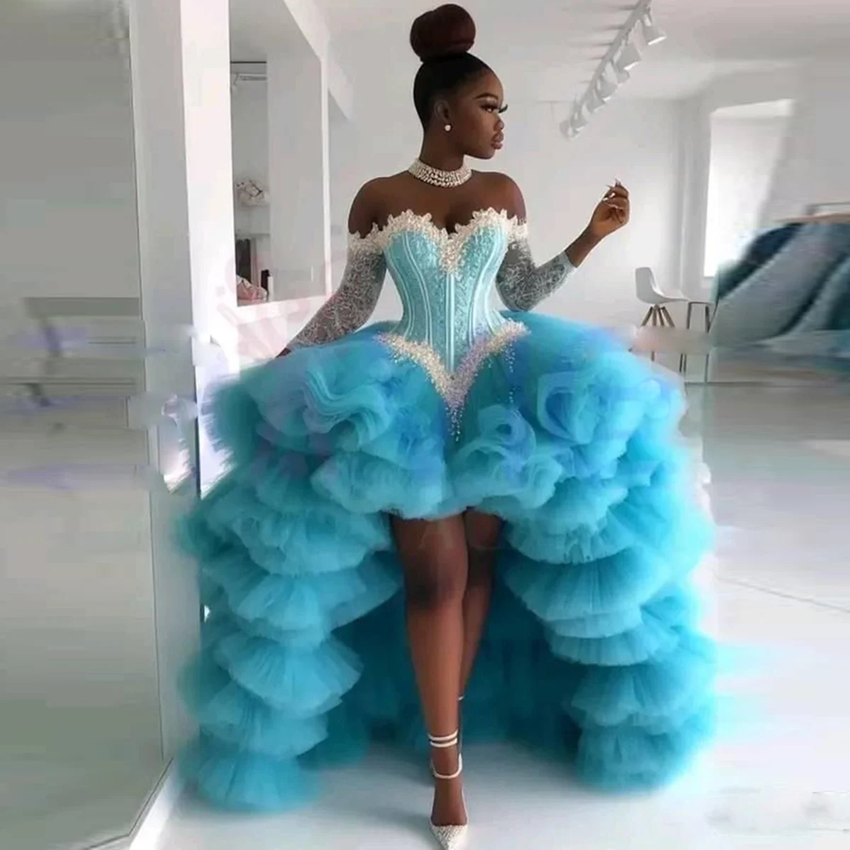 Blue Off The Shoulder Prom Dresses Lace And Tiered Tulle High Low Evening Gowns Aso Ebi Long Sleeves African Women Party Dress image 2