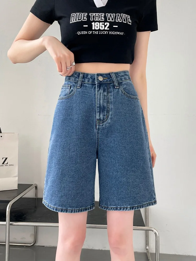High Waist Straight Leg Denim Shorts Women's Small Size Thin Looking Loose Five Shorts mid Summer Thin Cotton Polyester Blend