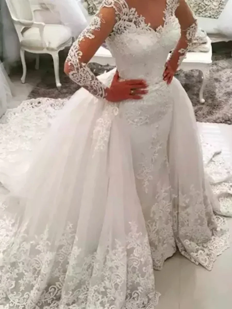 Vestidos de novia de Boutique elegantes para mujer, mangas largas, bata de boda hinchada de encaje, sobrefalda extraíble personalizada