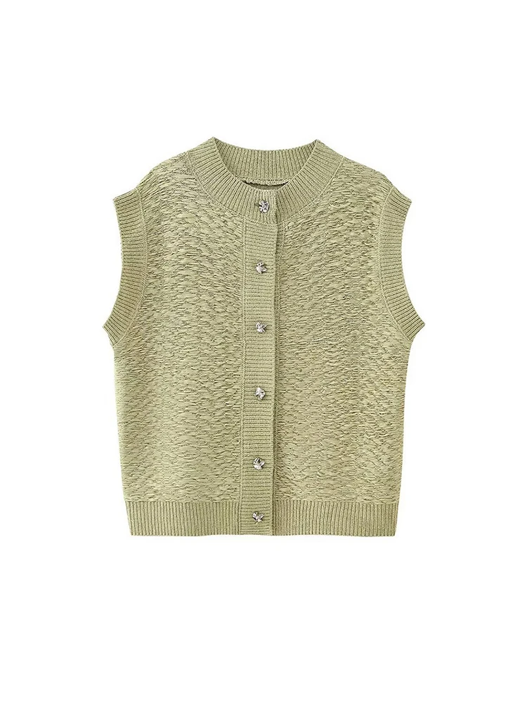 Fashion Avocado Green Knitted Vest For Women New Chic Single Breasted Sleeveless Vest Tops Office Lady Street Classic Waistcoat