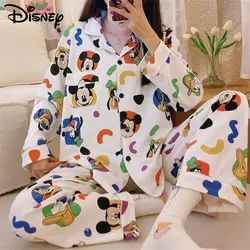 Disney Mickey Aesthetic Print Cute Home Clothes Cartoon Casual Pajamas Suit Women Top Shirt Pants 2 Piece Set Y2k Soft Sleepwear