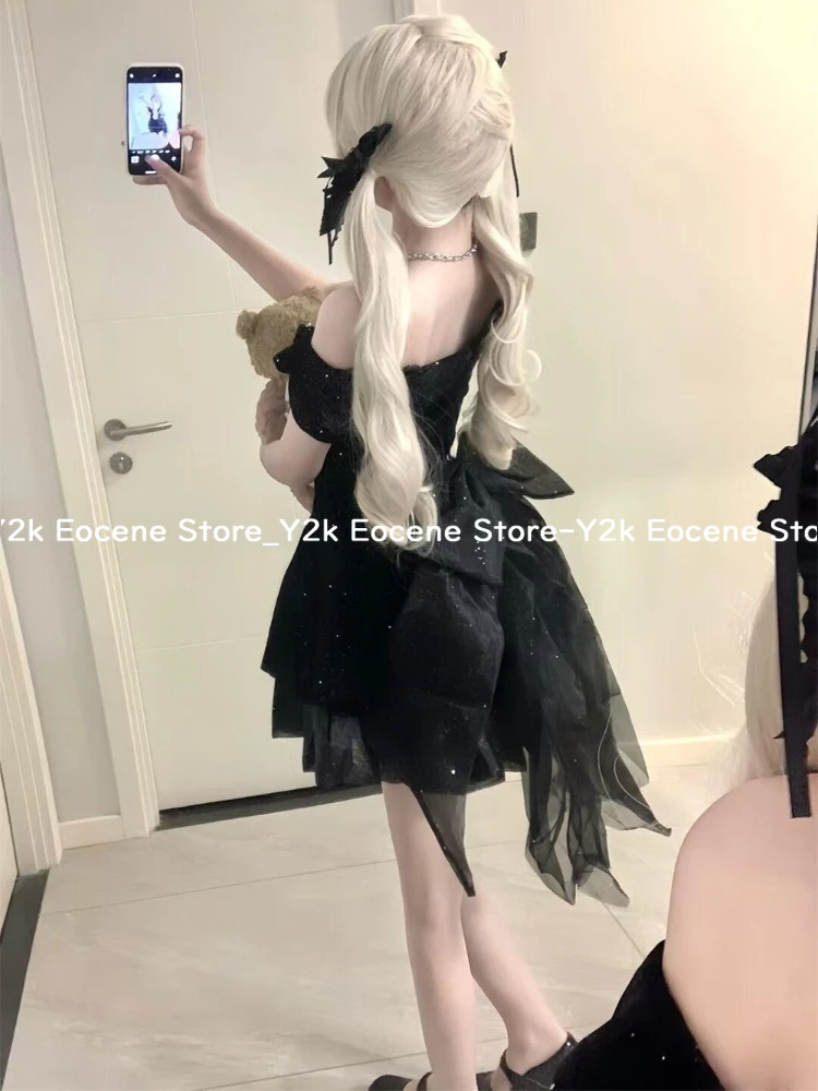 블랙 프랑스어 빈티지 원피스 드레스 여자 고딕 오프 어깨 활 레트로 미니 드레스 여성 요정 생일 파티 세련된 복장 2025