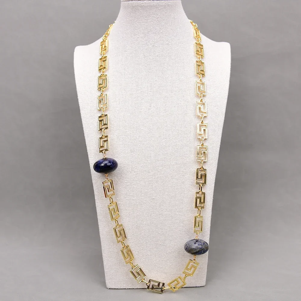 GG 36'' Natural Blue Sodalite Huge Rondelle Bezel Set Rectangle Gold Plated Chain Long Necklace