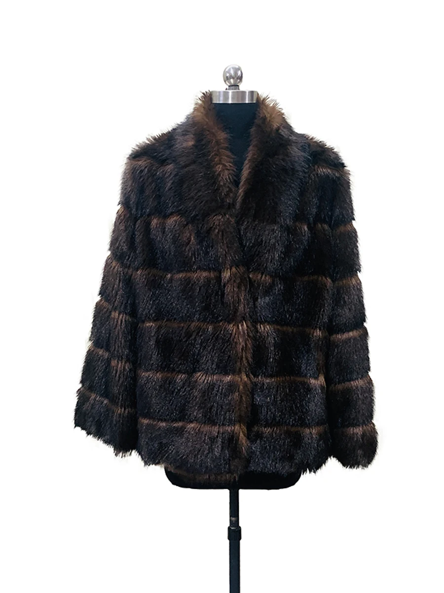 Nerazzurri Autumn Winter Thick Warm Striped Faux Sable Fur Coat Women with Deep V Neck Elegant Luxury Fluffy Jacket 2026
