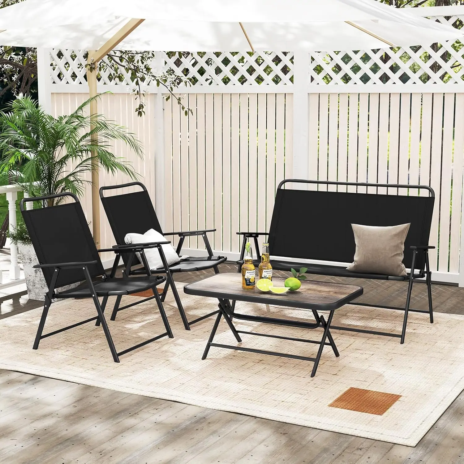 Metal frame 4-piece foldable outdoor conversation set with breathable fabric seats, loveseat, two single chairs and coffee table for yard, porch and deck leisure layout