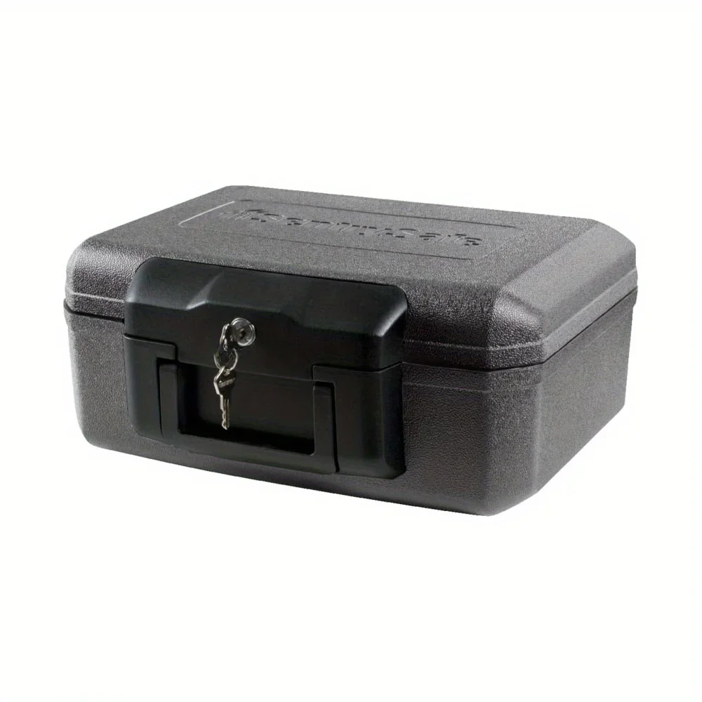 Fireproof safe, key lock, 0.18 cubic feet, black, flat key lock to prevent lid from opening in case of fire; includes 2 keys