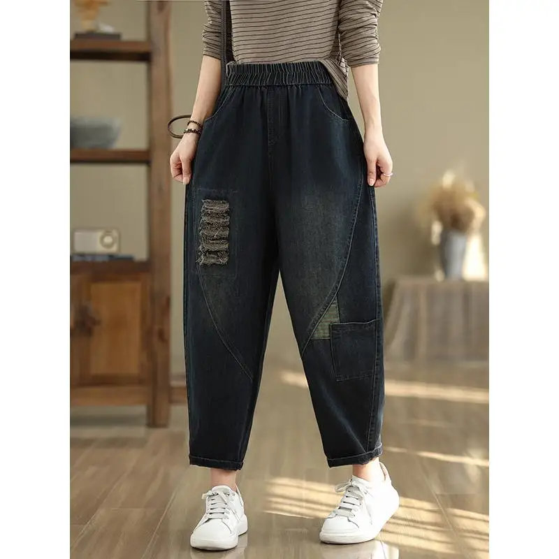 Jeans met wijde pijpen voor dames 2025, nieuwe herfst-denimbroek, oversized losse gescheurde radijsvader, harembroek met elastische taille