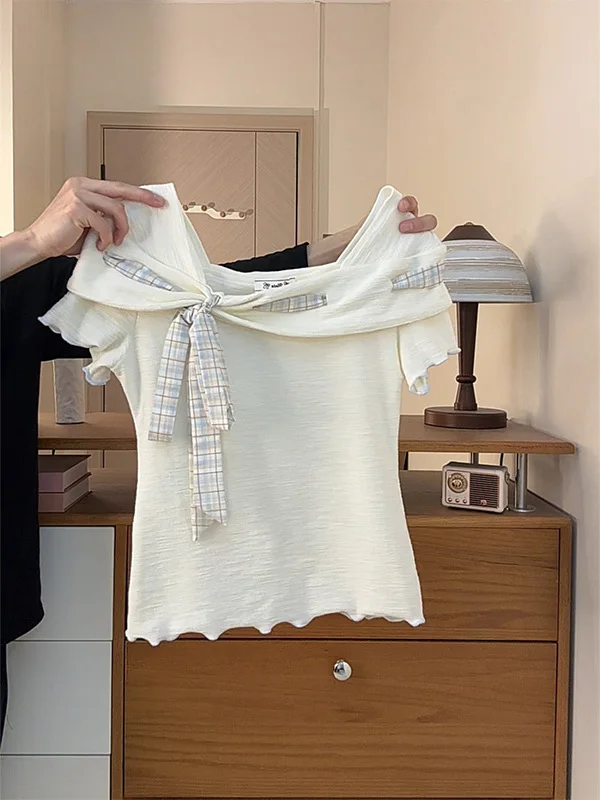 Sweet Plaid Tie Shoulder Short Sleeve T-Shirt Women Summer Gentle Temperament Slim Fit Short Top  Knot Wood Ear Trim