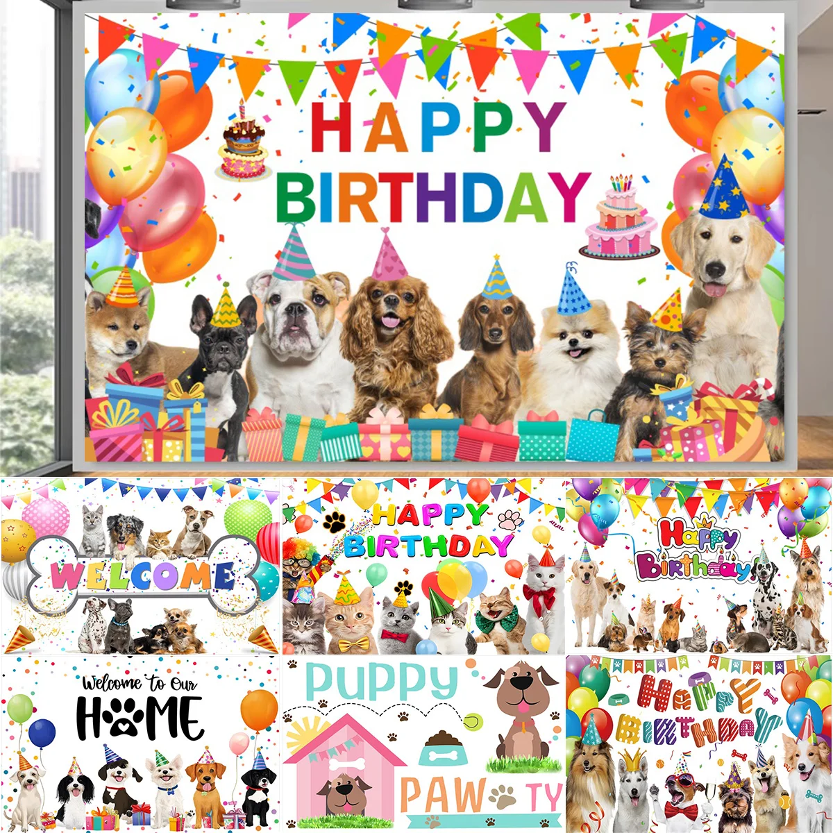 

Cartoon Cat Dog Pet Birthday Party Decor Backdrop Cute Cat Animals Baby Shower Portrait Photography Background Photo Studio Prop