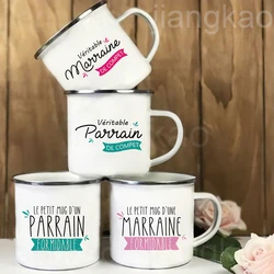 French Marraine Parrain Print Enamel Coffee Mug Drinks Milk Cup Camping Mugs Best Birthday Holiday Gift for Godmother Godfather