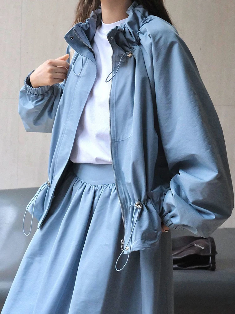 [EAM] Purple Drawstring Big Size Casual Jacket New Stand Collar Long Sleeve Women Coat Fashion Tide Spring Autumn 2024 1DH6530