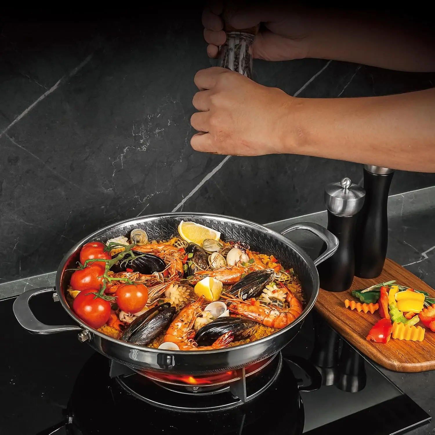 Hybrid Nonstick Skillet with Lid 13 Inch, Stainless Steel Paella Pan with Two Handles Multi-Functional Pan Dishwasher and Oven S