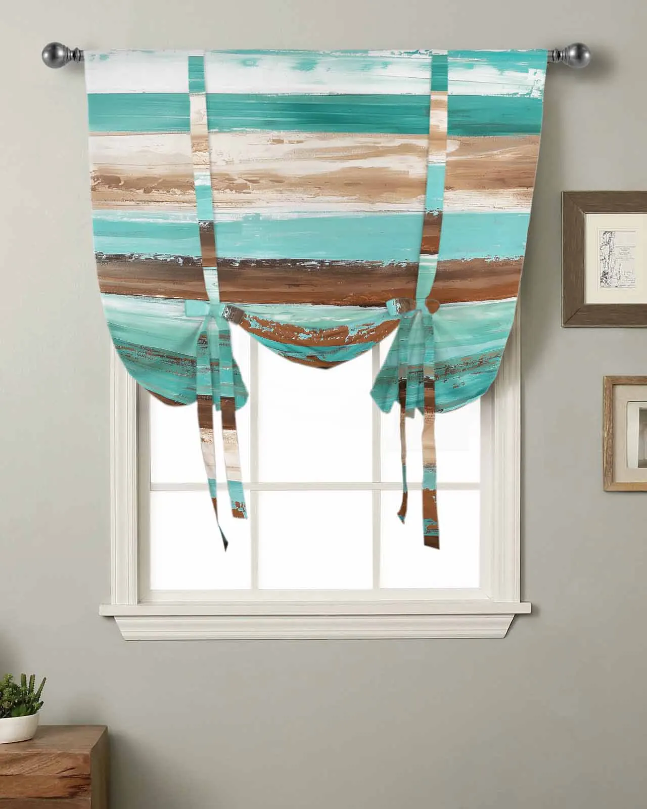 Abstract Wood Grain Brown Turquoise Gradient Watercolor Window Curtain Living Room Blinds Drapes Kitchen Tie-up Short Curtains