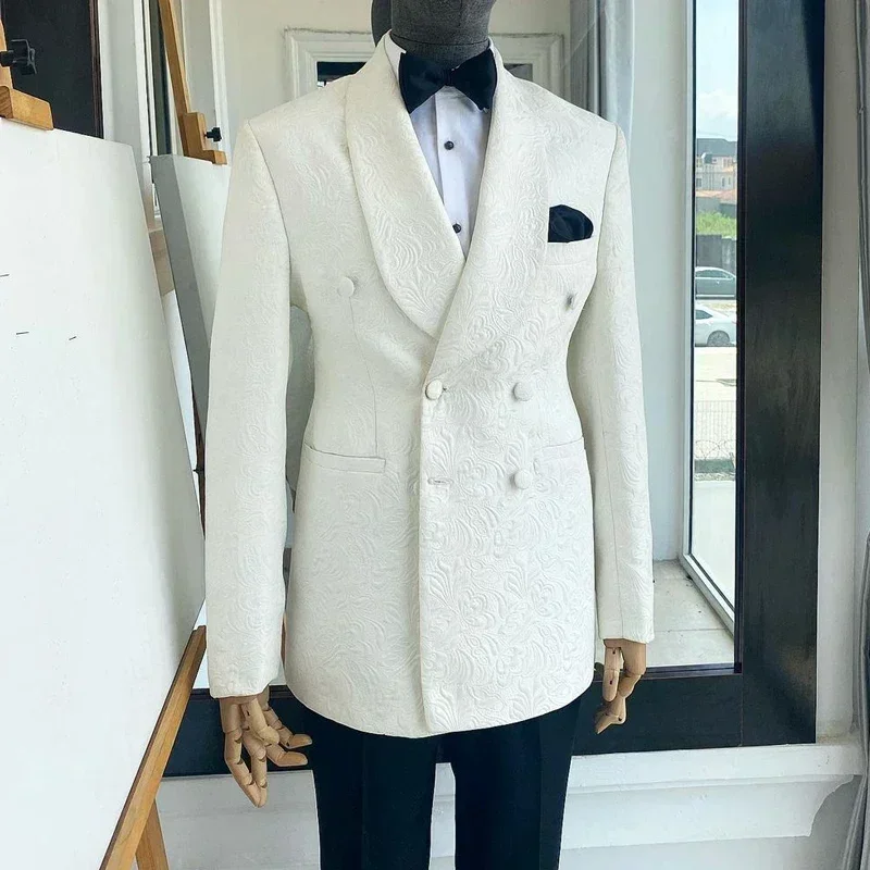 Floral Wedding Suits For Men Double Breasted Groom Tuxedo 2 Pcs Custom Fashion Slim Fit Jacket Pants (Blazer + Trousers)