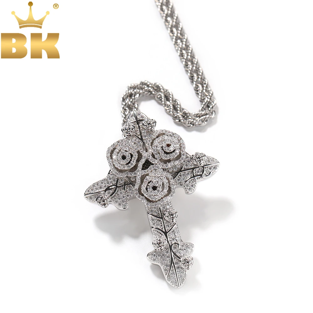 TBTK Rose Flowers Cross Pendant Iced Out AAAAA+ Bling Cubic Zirconia Necklace For Women Charm Hiphop Punk Jewelry