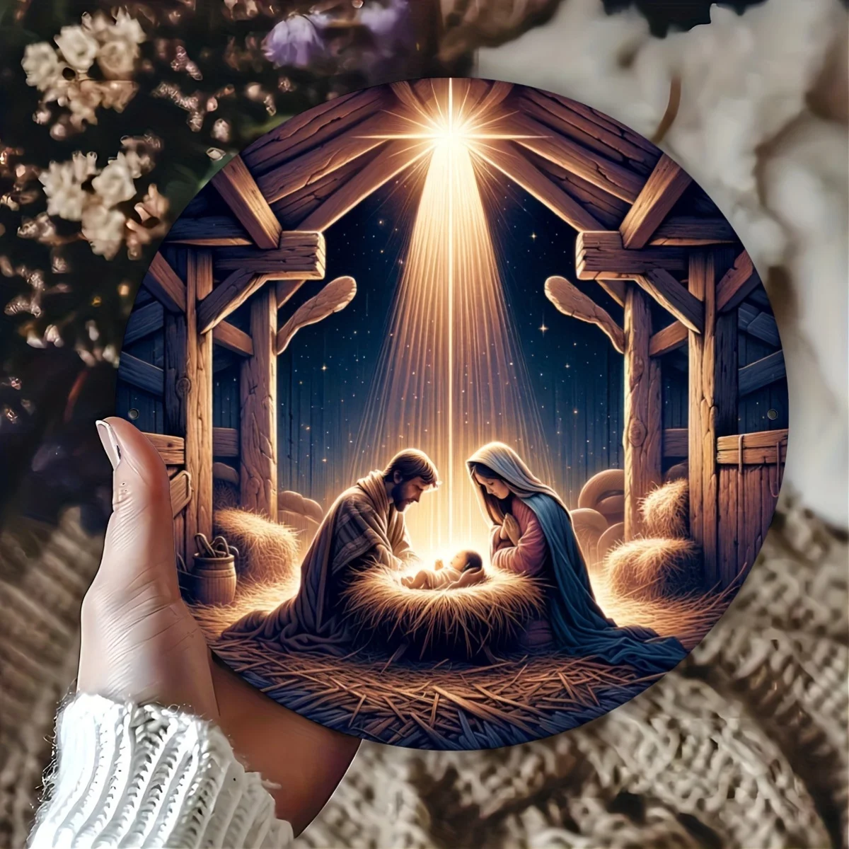 Szene rundes Aluminiumfolien-Gravurschild, festliche Heimdekoration, Wandbehang, religiöses Feiertagskranz-Emblem, perfektes Geschenk für Chr