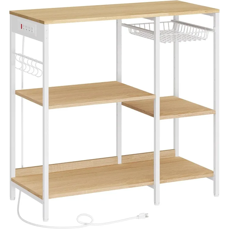 Baker's Rack, Coffee Bar Stand with Charging Station, Storage Shelves, Pull-Out Wire Basket, Table for Microwave, Kitchen