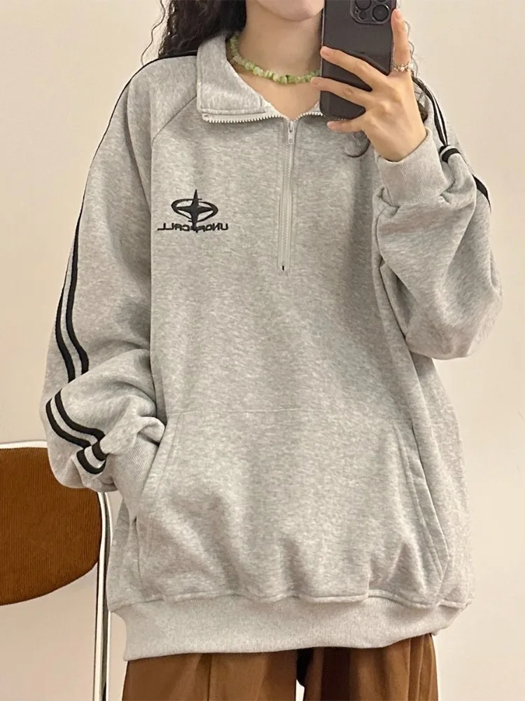 HOUZHOU-sudaderas con capucha Harajuku para mujer, jersey de Polo gris Vintage Y2K con letras bordadas, sudaderas de gran tamaño a rayas, Tops de