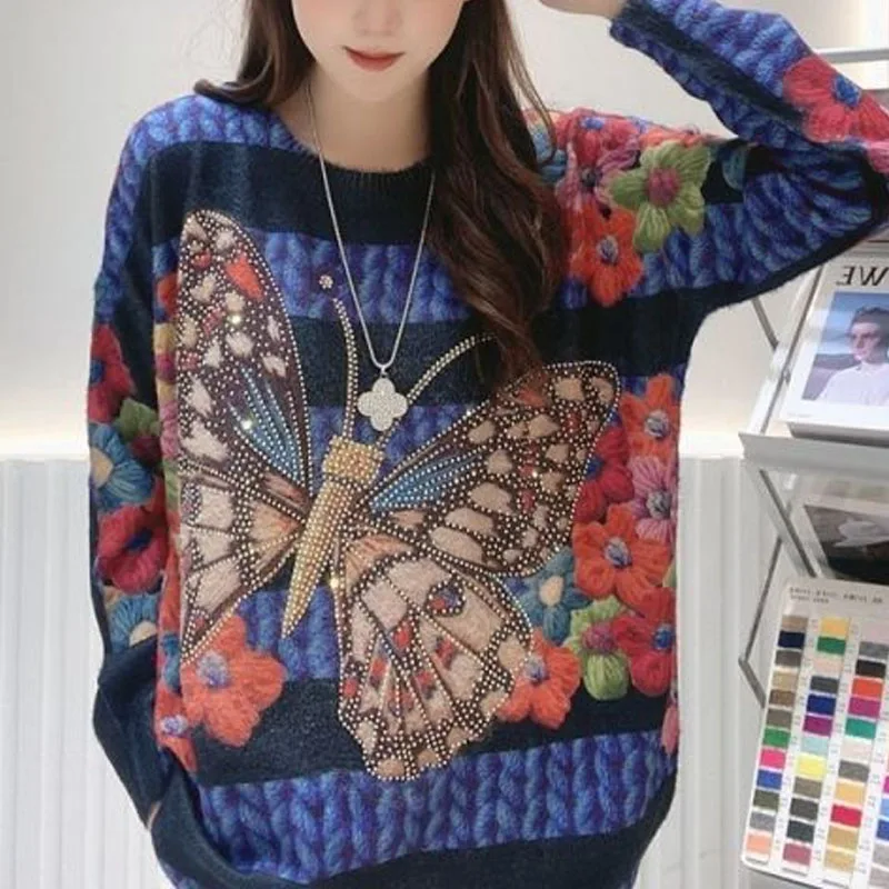 Korean Commuter Sweaters 2024 Autumn Winter New Women's Crew Neck Butterfly Jacquard Diamonds Loose High Street Long Sleeve Top