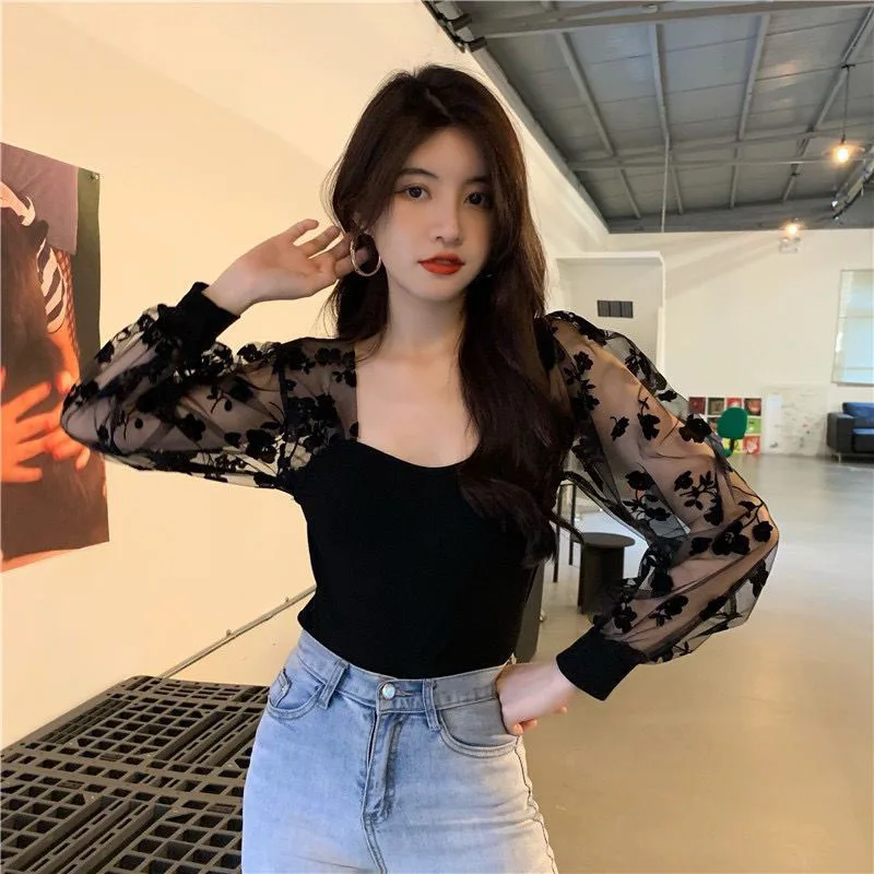 Zoki Sexy Mesh Patchwork Blouse Women Long Sleeve Print Cropped Elegant Shirts Korean Fashion Fall Slim Square Collar Sweet Tops