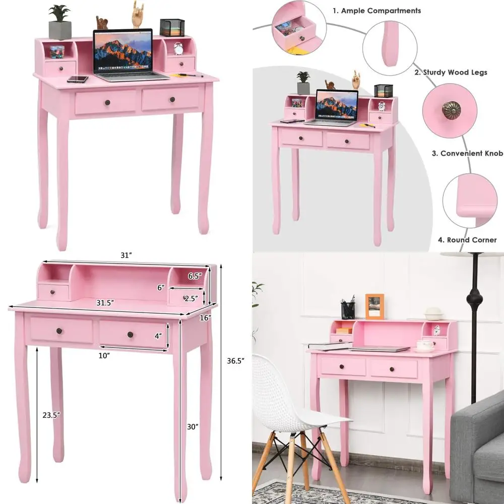

Writing Desk, Large Storage Space with 4 Drawers, Secretary Table Computer Desk Writing Table with Detachable Tabletop Organize