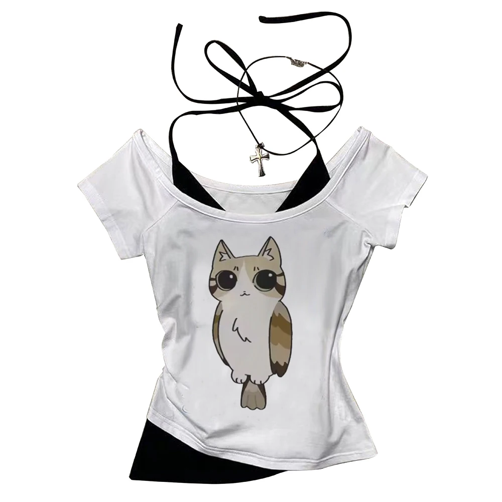 Meowl Crop Top Teen Anime Party Cute Jojifuku Ausverkauf T-Shirt Vintage Sommer Goth Grunge – Detail 1