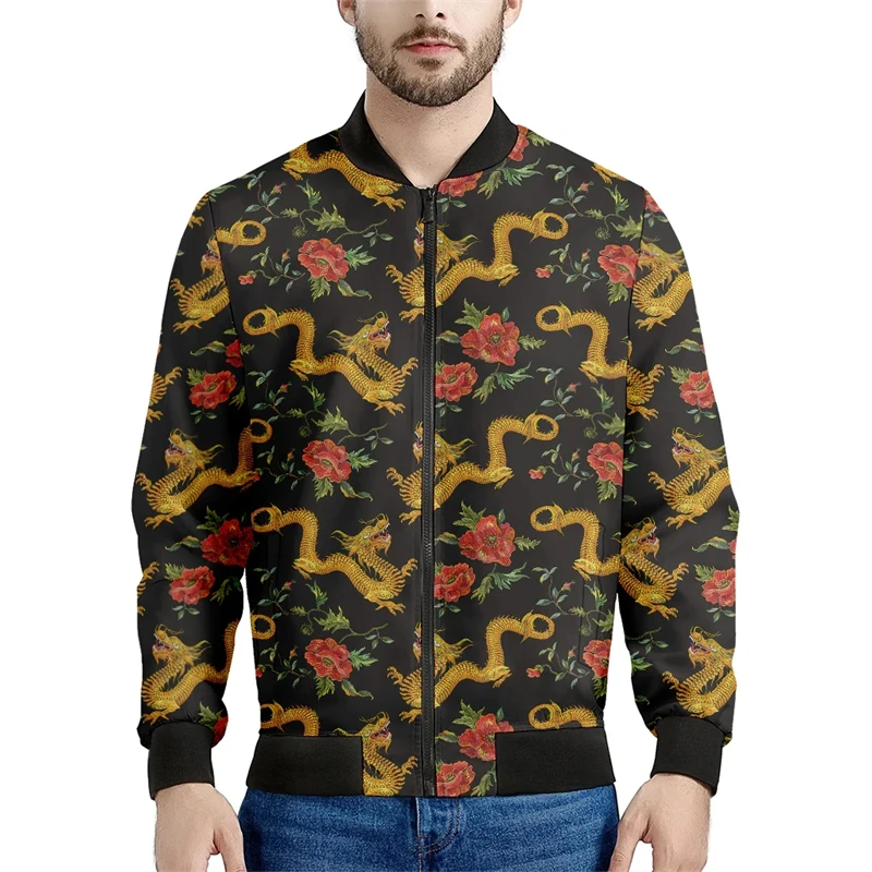 Chinese Dragon Print Zipper Hoodies Sweatshirts 3D Print Jackets For Men Casual Fashion Stand Collar Coat Jacket Tops Clothing