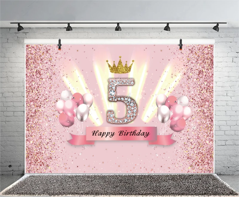 Pink 5th Birthday Backdrop Baby Shower Boys Girls Birthday Party Glod Crown Custom Photography Background Table Cake Decor Prop