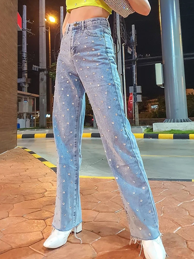 DEAT Women's Jeans High Waist Shiny Diamonds Hot Fix Rhinestone Straight Wide Leg Denim Pants 2025 Spring New Fashion 29L3557