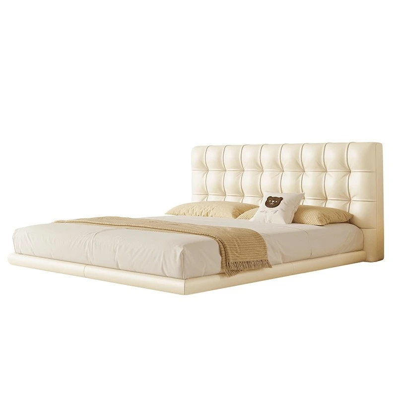 

Suspended bed, French cream style, modern minimalism, storage, double master bedroom leather bed