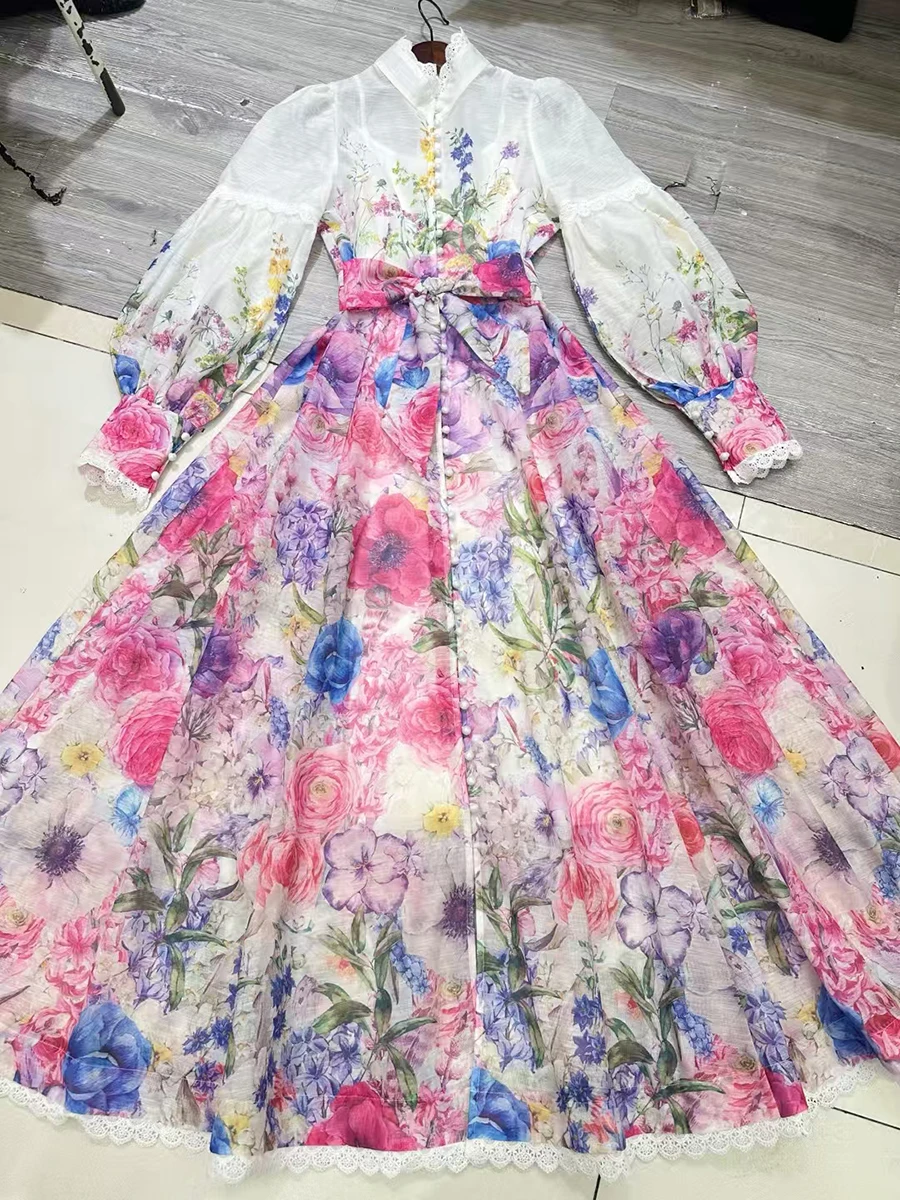 VGH ดอกไม้พิมพ์ Elegant พับชุดผู้หญิงยืนคอโคมไฟแขนเอวสูง Spliced พู่ชุดสายหญิง