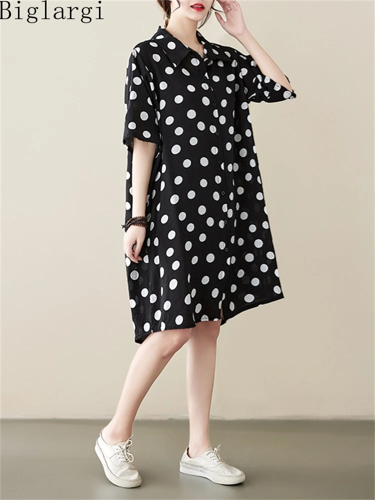 Oversized Zomer Katoenen Linnen Polka Dot Casual Vrouw Overhemd Jurk Vrouw Grote Maat Shirt Jurk Korea Losse Mini Blouse Jurken