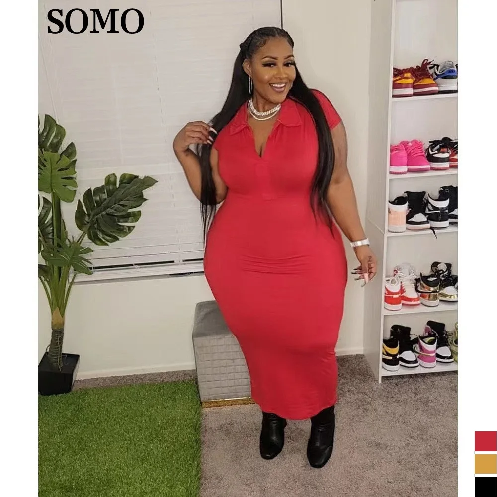 

SOMO 2023 Plus Size Womans Clothing Solid Causal V Neck Party Long Dresses Summer Short Sleeve Maxi Dress Wholesale Dropshipping