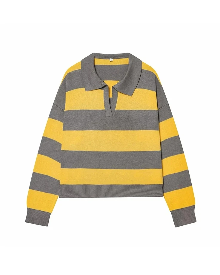

Women New Lapel Loose Long Sleeve Sweater Vintage Fashion Tops Contrast Color Striped Knitted Pullover