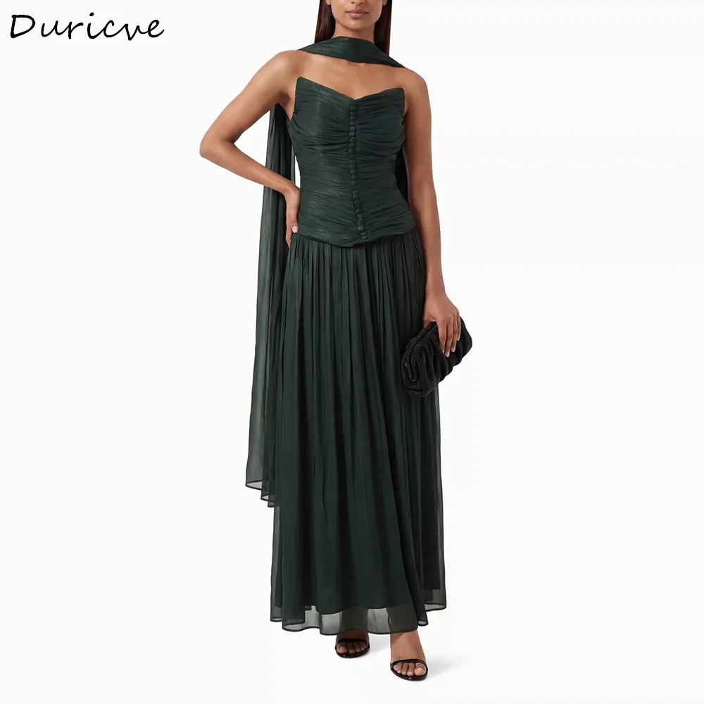 Duricve Customized Forest Green Metallic Chiffon Dubai Evening Dresses with with Scarf Sweetheart A-Line Prom Gown Saudi Arabic