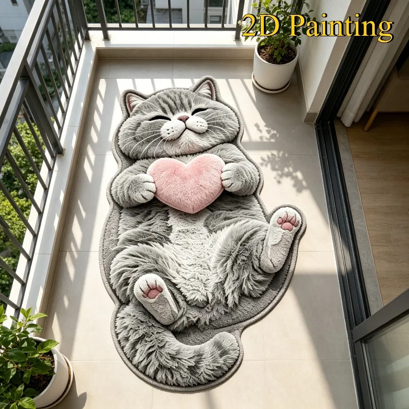 VIKAMA Cute Pink Cat Holding Yarn Ball Shape Rug Non Slip Mat for Entryway Living Room Bedroom Kawaii Home Decor Washable Mat