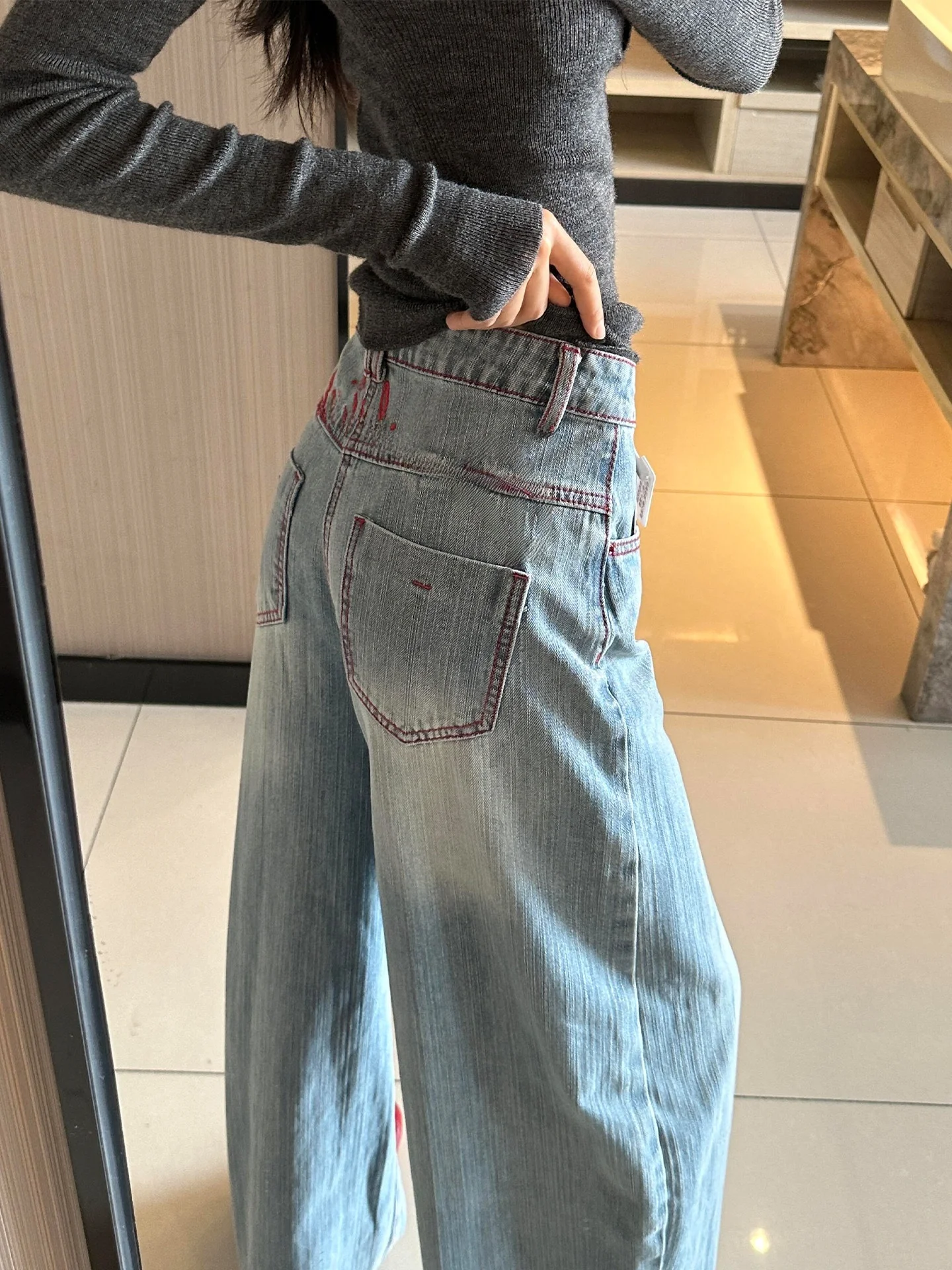 

Retro American Light Blue Wide Leg Denim Jeans Women's Spring Summer New Color Collision Embroidery Slimming Knife Pants