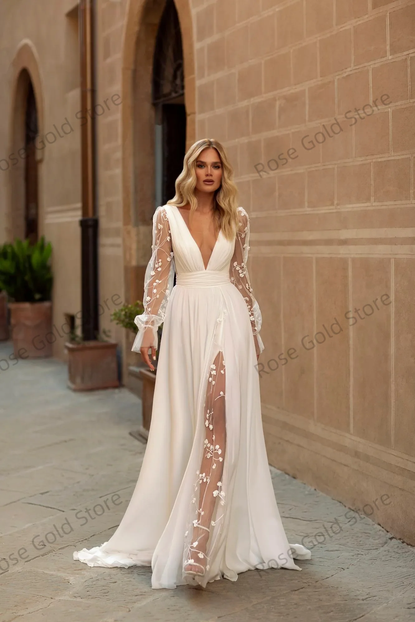 Elegante vestido de casamento feminino uma linha com decote em v manga longa tule vestido de noiva com apliques de renda personalizado verão novia
