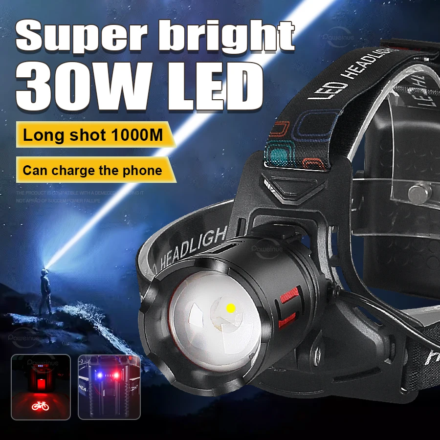 Long Shot 1000M 3*18650 Head Flashlight Super Bright LED Zoomable Headlamp Type-C Rechargeable Lamp Outdoor Fishing Work Light